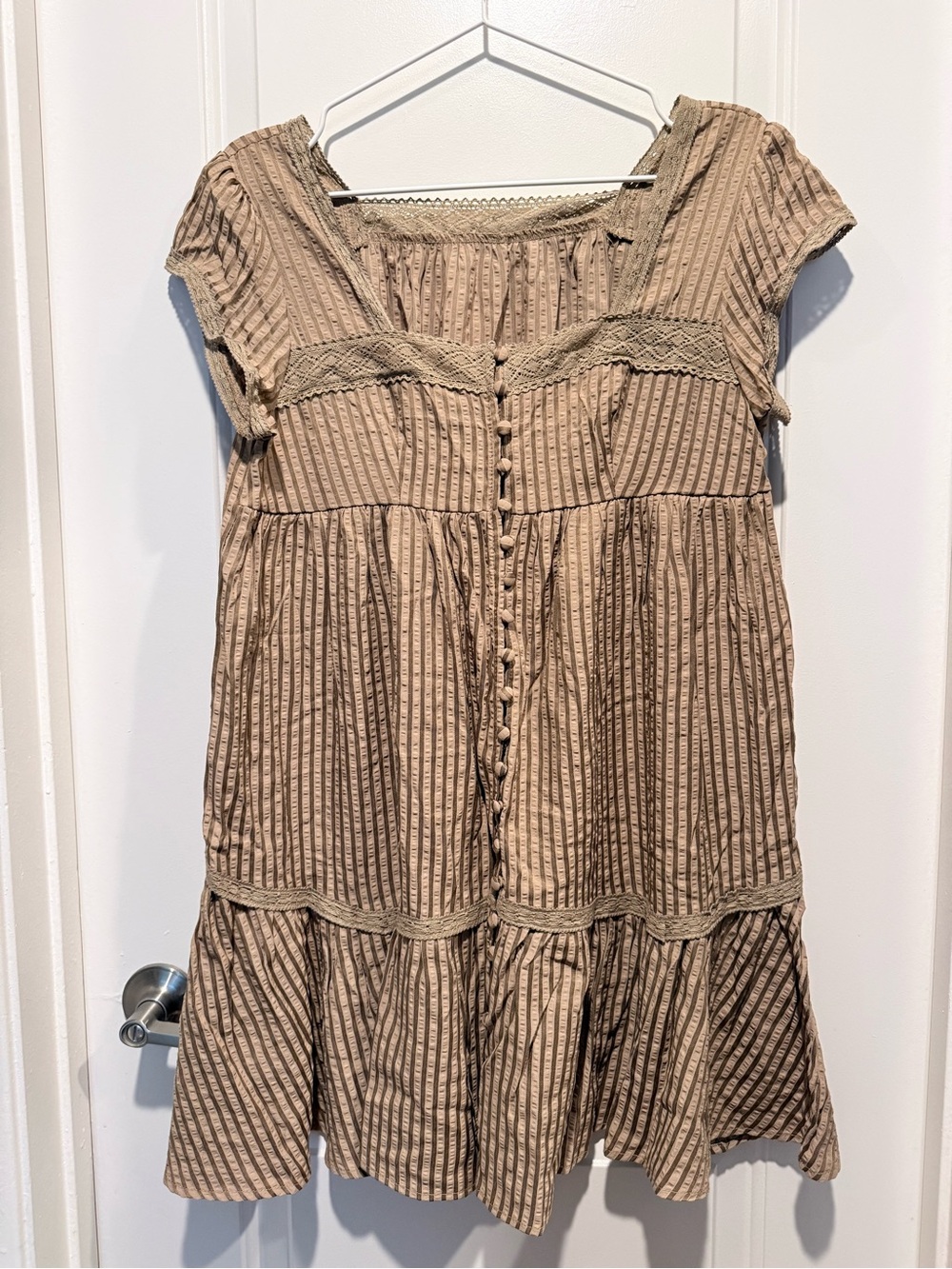 Classic Striped Short-Sleeve Babydoll Dress in Tan